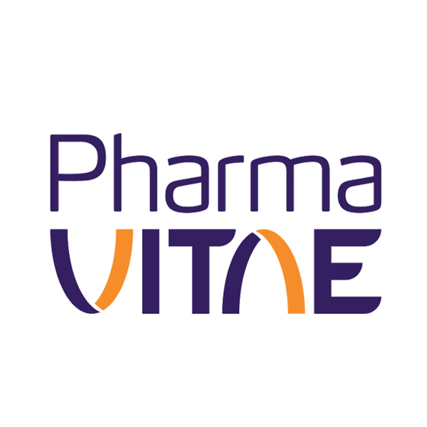 granatowo pomarańczowy napis - logo: PharmaVitae